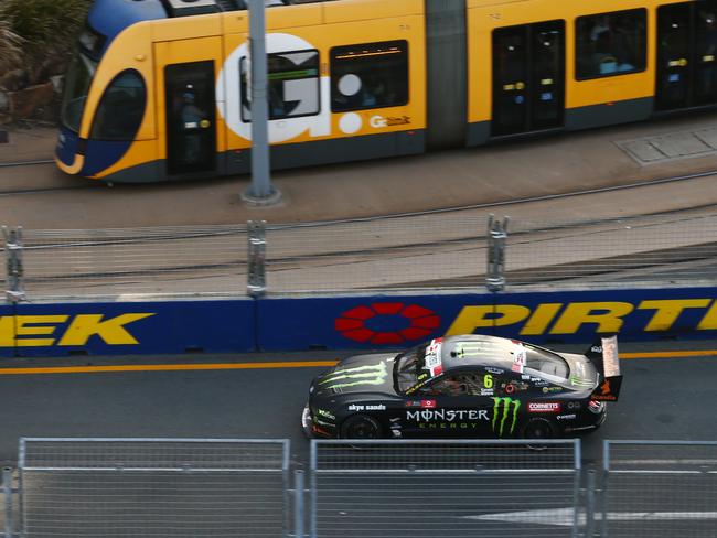 Tickford Racing Ford Mustang driver Cameron Waters passes the G Link tram in the Gold Coast 600 Supercars in 2019, held at the Surfers Paradise circuit. PICTURE: BRENDAN RADKE