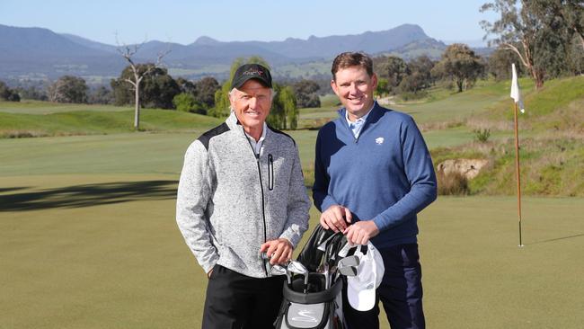 Greg Norman and David Evans at the opening of the Cathedral Lodge golf course near Rollason. Picture: David Crosling