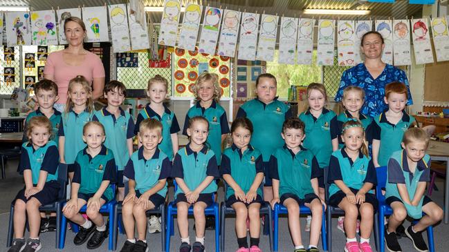 Bucasia State School Prep D Back row: Teacher Aide Mrs Albert, Fletcher, Hallie, Jackson, Mahalia, Huey, Isla, Eliza, Layla, Noah, Teacher Mrs Darby Front row: Lainey, Finley, Greyson, Karsin, Alex, Lucas, Alva, Robert Picture: Michaela Harlow.