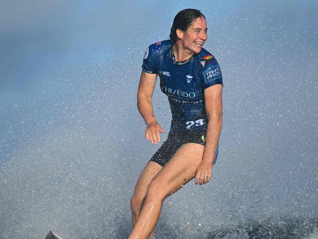 Australian surfer Tyler Wright competes in the Shiseido Tahiti pro in Teahupo'o, on the French Polynesian Island of Tahiti on May 25, 2024. Teahupo'o will host the surfing event of the Paris 2024 Olympic Games. (Photo by JEROME BROUILLET / AFP)