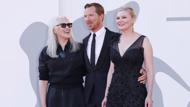 Director Jane Campion, Benedict Cumberbatch and Kirsten Dunst attend the red carpet of the movie The Power Of The Dog at Venice. Picture: Getty Images