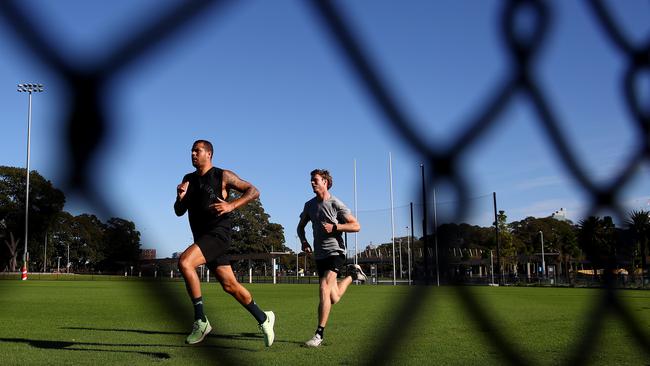 Swans players Lance Franklin, left, and Nick Blakey train at Lakeside Oval. Picture: Toby Zerna