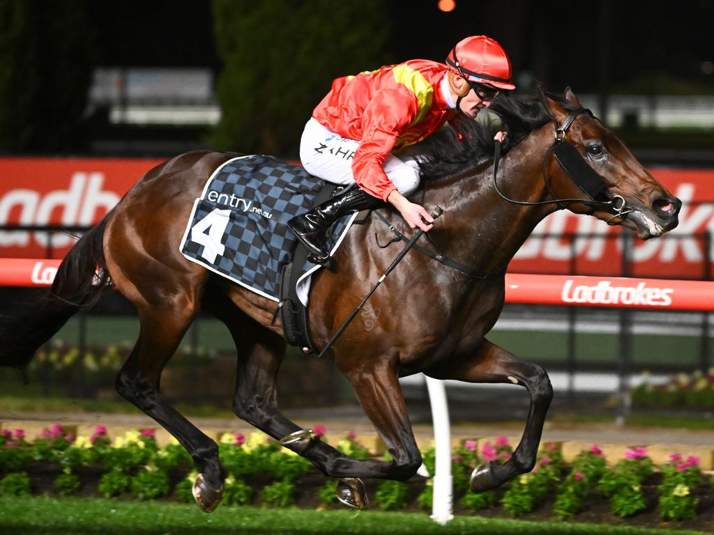 MELBOURNE, AUSTRALIA - SEPTEMBER 23: Mark Zahra riding Tijuana winning Race 4, the Entry Education Stutt Stakes, during Moir Stakes Night at Moonee Valley Racecourse on September 23, 2022 in Melbourne, Australia. (Photo by Vince Caligiuri/Getty Images)