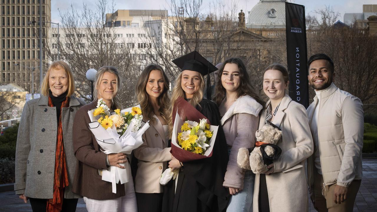 UTAS Graduation at the Hotel Grand Chancellor Hobart, Helen Dickenson of Sydney, Ula Alderfox of Blackmans Bay, Jessie Wynter of Franklin, Rachel Wynter of Franklin, Hayley Thorp of Franklin, Kelly Duggan of Ranelagh and Shahid Rahman of Kingston. Picture: Chris Kidd