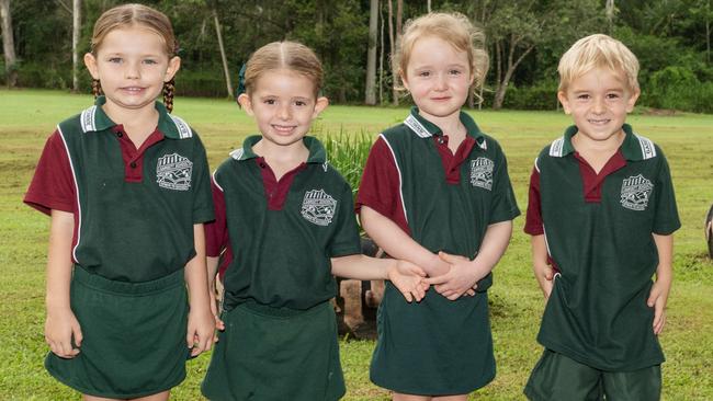 Gargett State School Prep Lahni Mann, Gracie Bates, Daisy Pitcher, Patrick Besanvalle Picture: Michaela Harlow. My First Year 2024 Mackay