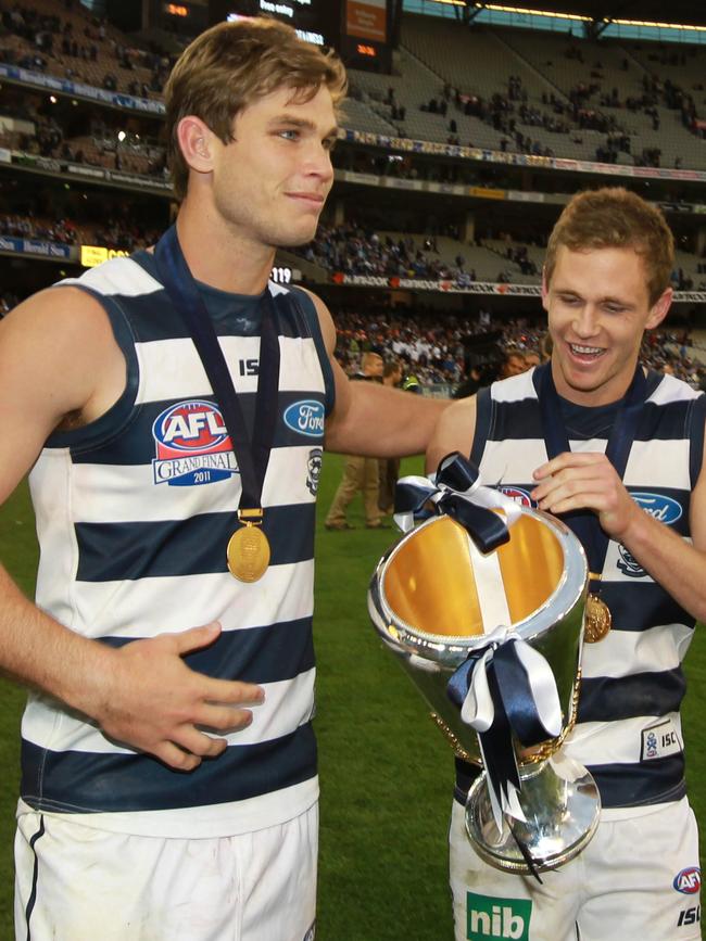 Hawkins and Selwood celebrate the 2011 premiership.