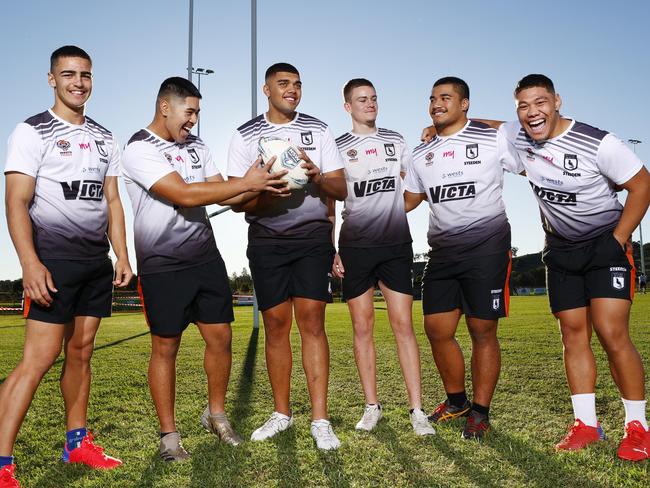 2022 Wests Magpies (L-R) Tallyn Da Silva, Jeremiah Leatigaga, Jordan Miller, Lachlan Galvin, James Folaumoetui and Kit Laulilii. Picture: Richard Dobson