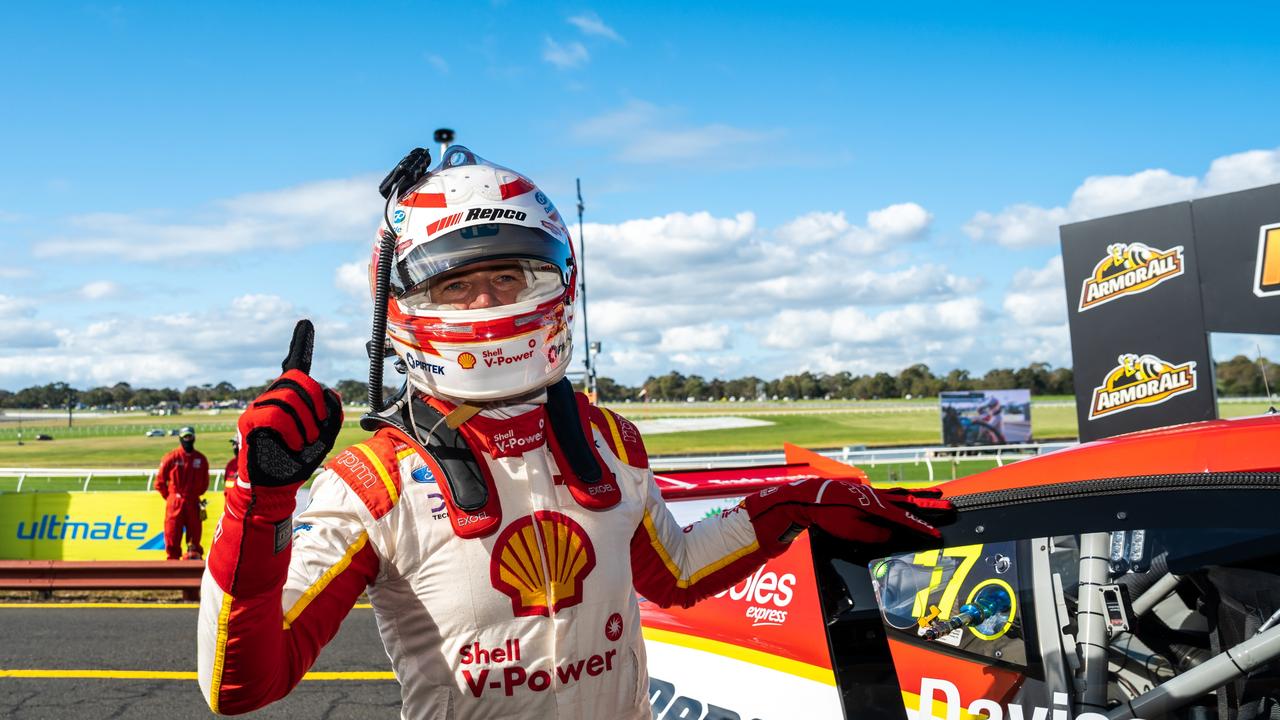 MELBOURNE, AUSTRALIA - AUGUST 19: (EDITORS NOTE: A polarising filter was used for this image.) Will Davison driver of the #17 Shell V-Power Ford Mustang celebrates after taking pole position for race 1 of the Sandown SuperSprint round of the 2022 Supercars Championship Season at Sandown International Motor Raceway on August 19, 2022 in Melbourne, Australia. (Photo by Daniel Kalisz/Getty Images)