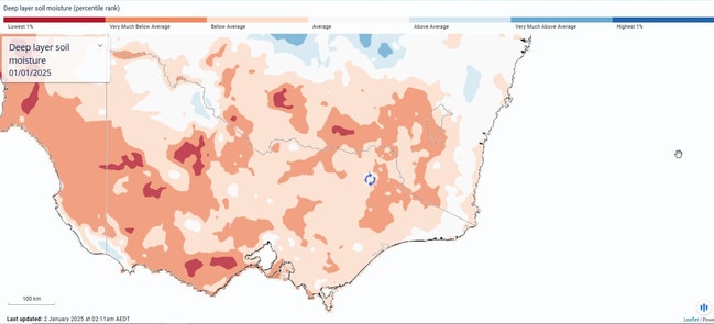 Soil moisture levels a 1m to 6m below the surface: light brown is below average; brown very much below average; dark brown lowest 1 per cent.