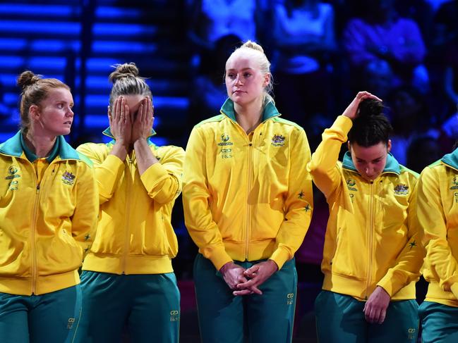 LIVERPOOL, ENGLAND - JULY 21: Australia players look dejected after the Vitality Netball World Cup Final match between Australia and New Zealand at M&S Bank Arena on July 21, 2019 in Liverpool, England. (Photo by Nathan Stirk/Getty Images)