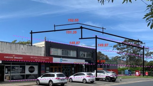 A sketch, by residents, showing the height and scale of the three-storey shop top apartment block proposed for the Bilgola Plateau shopping centre. Picture: Supplied