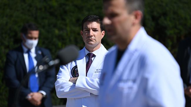 White House physician Sean Conley (left) listens to Pulmonologist Sean Dooley during an update on the condition of US President Donald Trump. Picture: AFP