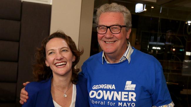 Georgina Downer with her father, former Liberal Party leader Alexander Downer, during last year’s Mayo by-election. Picture: AAP