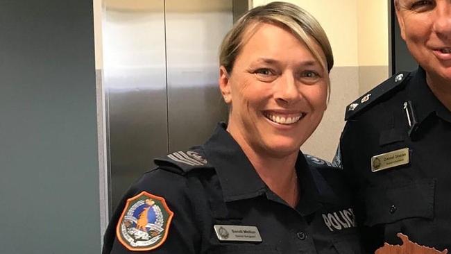 NT Water Police Officer in Charge Senior Sergeant Sandi-lee Mellon faces five charges in relation to an incident in a Darwin home on August 26, the day after her husband and fellow officer Neil Mellon was arrested for unrelated conspiracy charges. Picture: Supplied