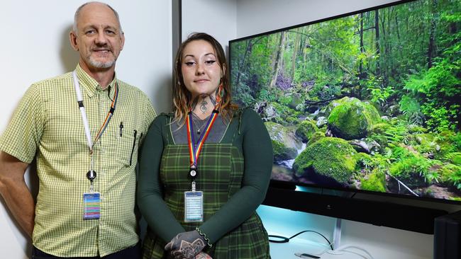 Cairns Hospital will soon be able to offer patients in their mental health unit a multi-sensory experience to aid in their treatment. Associate clinical director Dr Steve Duffy and peer/lived experience representative Eliza Valentine with the new sensory experience. Picture: Brendan Radke