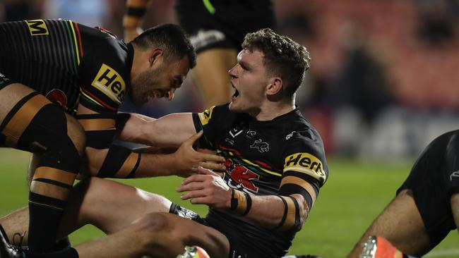 Penrith's Liam Martin celebrates after scoring a try during the Penrith v Cronulla NRL match at Panthers Stadium, Penrith. Picture: Brett Costello