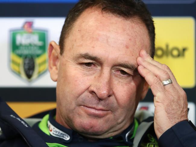 Raiders coach Ricky Stuart reacts during a press conference following the Round 19 NRL match between the Cronulla-Sutherland Sharks and the Canberra Raiders at Southern Cross Group Stadium in Sydney, Friday, July 20, 2018. (AAP Image/Brendon Thorne) NO ARCHIVING, EDITORIAL USE ONLY