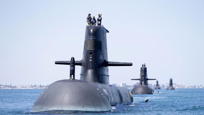 Collins Class submarines HMAS Collins, HMAS Farncomb, HMAS Dechaineux and HMAS Sheean in formation while transiting through Cockburn Sound, Western Australia. Picture: Royal Australian Navy