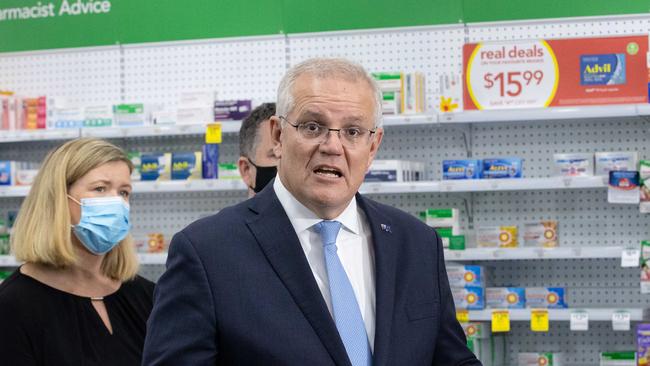 Prime Minister Scott Morrison speaking to the media on Saturday. Picture: Jason Edwards