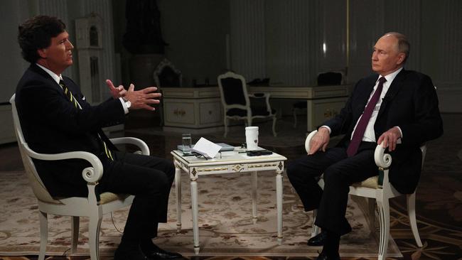 Russia's President Vladimir Putin gives an ‘interview’ to former Fox News host Tucker Carlson. Picture: AFP