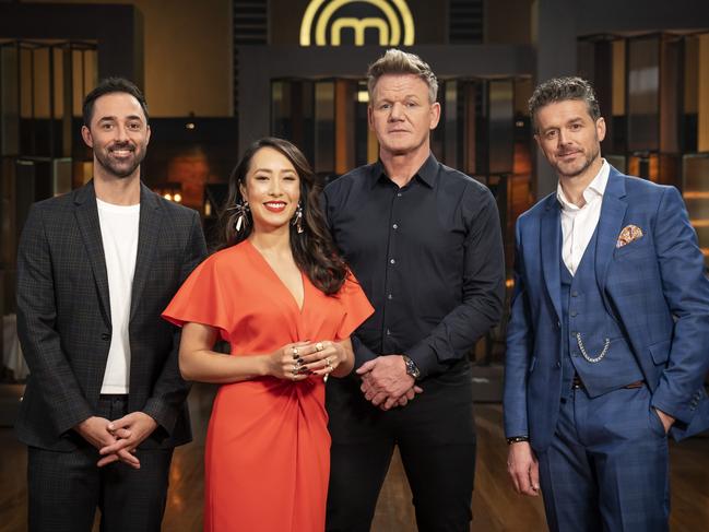 Leong with fellow MasterChef Australia judges Andy Allen and Jock Zonfrillo with guest chef Gordon Ramsay. Picture: Supplied