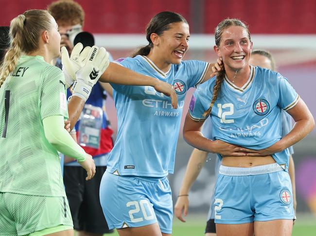 WUHAN, CHINA - MAY 21: Shelby McMahon of Melbourne City celebrates with teammate after scoring her goal during the AFC Women's Champions League semi-finals between Hyundai Steel Red Angels and Melbourne City at Wuhan Sports Center Stadium on May 21, 2025 in Wuhan, China. (Photo by Lintao Zhang/Getty Images)