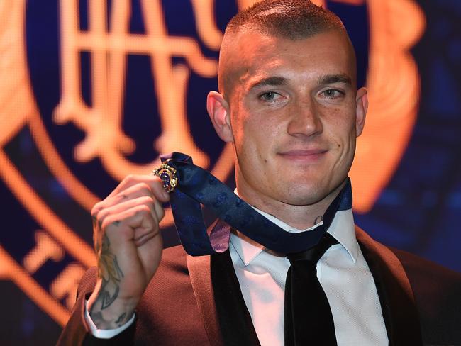 Dustin Martin of the Richmond Tigers reacts after winning the 2017 Brownlow medal at Crown in Melbourne, Monday, September 25, 2017. The Brownlow medal is awarded to the the AFL's best and fairest player. (AAP Image/Julian Smith) NO ARCHIVING