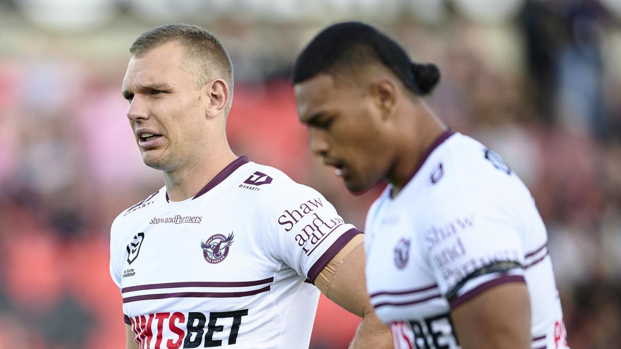 Manly took a massive risk with superstar fullback Tom Trbojevic, sending him back out in the second half after needed a needle to play on after having back spasms. Picture: Getty Images.