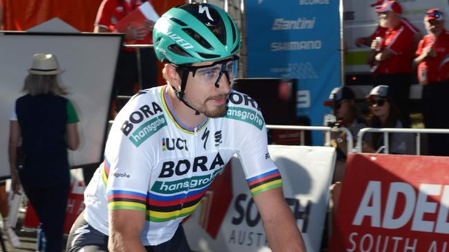 CORRECTION - Bora-Hansgrohe rider Peter Sagan looks on before the start of the Santos Tour Down Under People's Choice Classic cycling race in the streets of Adelaide on January 14, 2018. / AFP PHOTO / BRENTON EDWARDS / -- IMAGE RESTRICTED TO EDITORIAL USE - STRICTLY NO COMMERCIAL USE -- / “The erroneous mention[s] appearing in the metadata of this photo by BRENTON EDWARDS has been modified in AFP systems in the following manner: {AUSTRALIA] instead of [BAHAMAS]. Please immediately remove the erroneous mention[s] from all your online services and delete it (them) from your servers. If you have been authorized by AFP to distribute it (them) to third parties, please ensure that the same actions are carried out by them. Failure to promptly comply with these instructions will entail liability on your part for any continued or post notification usage. Therefore we thank you very much for all your attention and prompt action. We are sorry for the inconvenience this notification may cause and remain at your disposal for any further information you may require.”