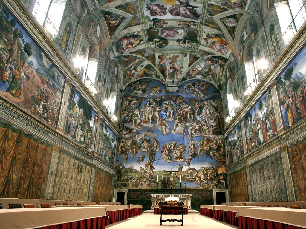 The cardinals assemble in the Sistine Chapel where they sit in silence with Michelangelo’s The Last Judgement surrounding them.