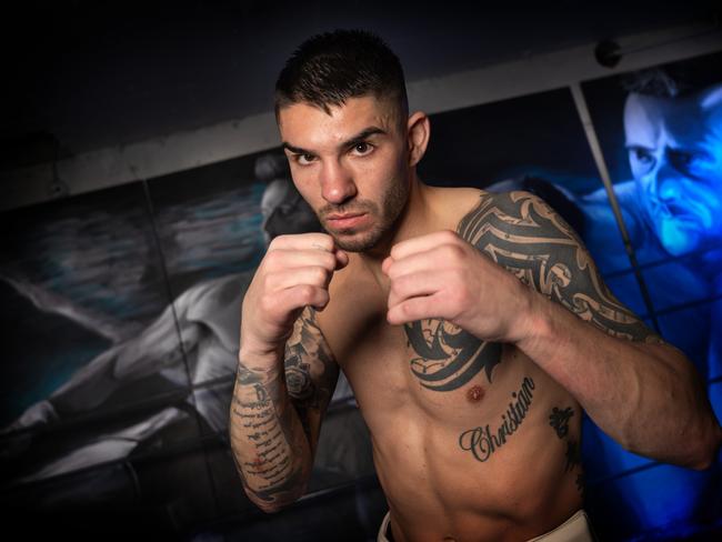 (CONTACT PICTURE DESK BEFORE USE) Boxer Michael Zerafa training at his gym ahead of fight with Tim Tsuzu. Picture: Tony Gough