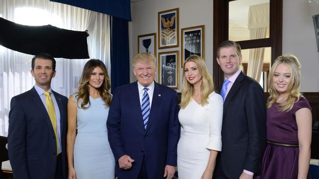 Donald Trump with wife Melania and sons and daughters Donald Jr, from left, Ivanka, Eric and Tiffany, in 2016. Picture: Fred Watkins/ABC via Getty Images