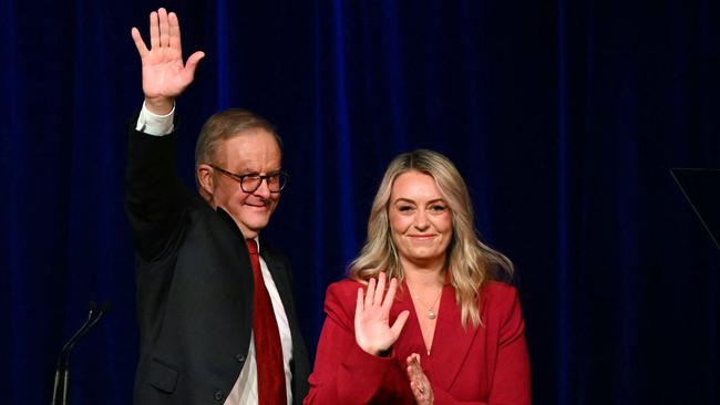 A victorious Anthony Albanese with his fiancee Jodie Haydon at the Labor celebration. Picture: AFP