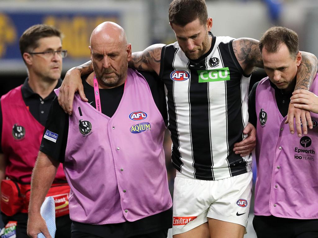 Howe was helped from the field during the Pies’ loss to the Eagles.