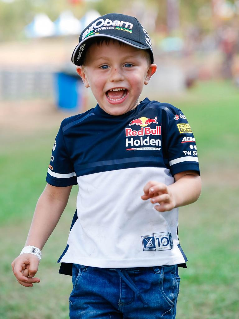 Eli-Michael Hart, 3, came all the way from Townsville, Queensland, to be at the Darwin Supercars at Hidden Valley. Picture: GLENN CAMPBELL