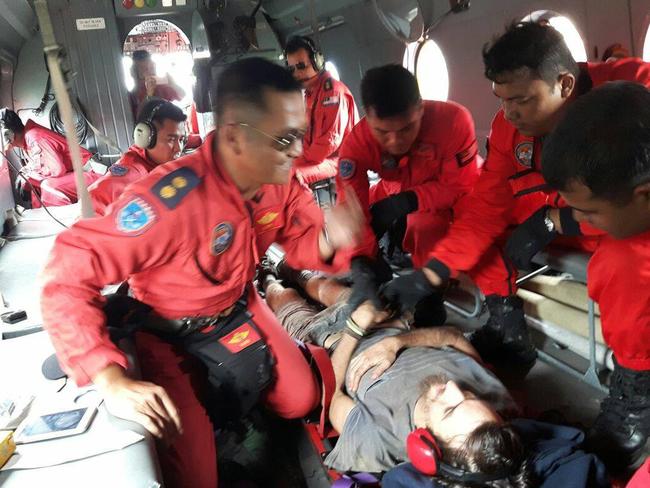 Tasmanian Andrew Gaskell being taken to safety on a Bomba M17 to Mulu airport. Picture: SARAWAK FIRE AND RESCUE DEPARTMENT