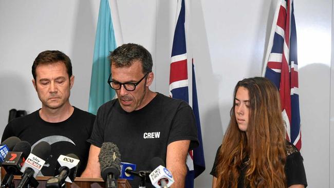 Missing Belgium backpacker Theo Hayez's father Laurent Hayez talks at a press conference at Tweed Heads flanked by Theo's godfather Jean-Phillippe Pector and Theo's cousin Lisa Hayez. Picture: Marc Stapelberg