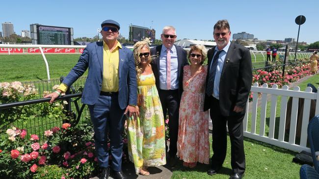 Karen, Rhonda, Michael, Rob and Murray at the 2024 Crown Oaks Day, held at Flemington Racecourse. Picture: Gemma Scerri