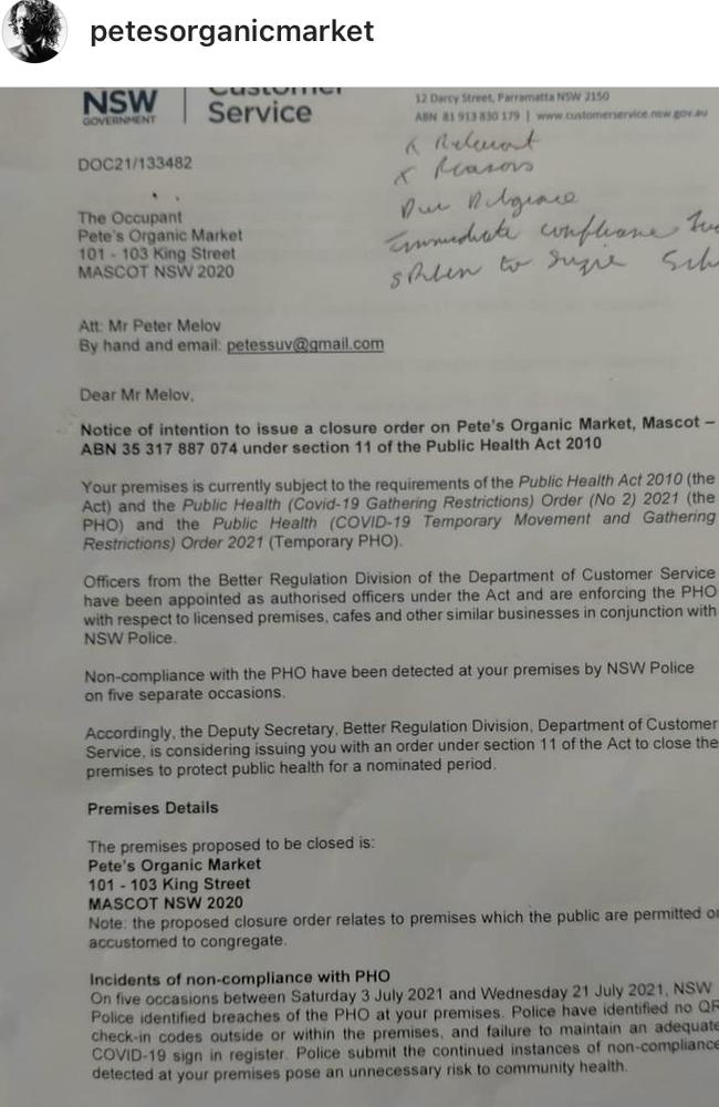 Owner Peter Melov shared his closure order letter on Instagram. Picture: Instagram/@petesorganicmarket