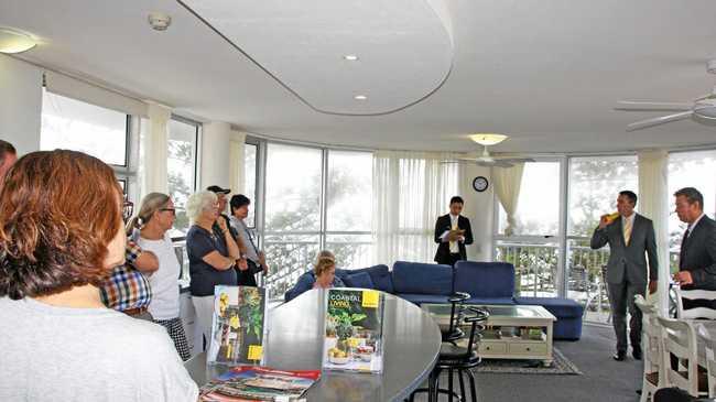 GOING, GOING, GONE: Ray White auctioneer Brett Graham calls the bidding at 21 Syrenuse, Brisbane Rd, Mooloolaba, for Bren Higgins of the Mooloolaba office. Picture: Erle Levey