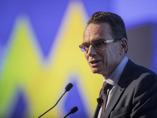 BHP Billiton CEO Andrew MacKenzie delivers his keynote speech at the 2017 Asia-Pacific Regional Conference at the Crown Hotel in Perth, Saturday November 4, 2017. (AAP Image/Tony McDonough) NO ARCHIVING