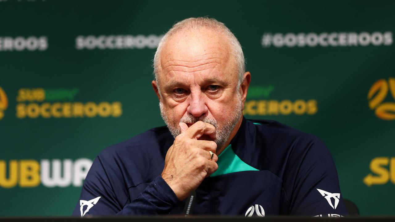 LONDON, ENGLAND – OCTOBER 16: Graham Arnold, Head Coach of Australia, speaks to the media during the Australia Subway Socceroos media access at Hilton London Syon Park on October 16, 2023 in London, England. (Photo by Bryn Lennon/Getty Images)