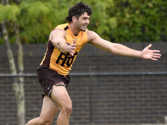 Tom Barrass at training with Hawthorn at Waverley Park. Picture: Andrew Henshaw