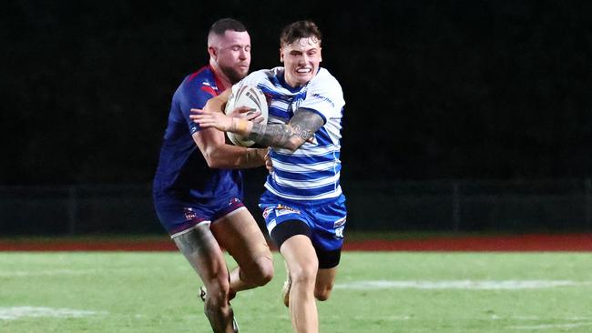 Dallas Skardon catches James Evans in the North Queensland Rugby League (FNQRL) A Grade semi final match between the Cairns Brothers and the Ivanhoe Knights, held at Barlow Park. Picture: Brendan Radke