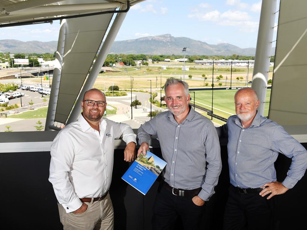 Matt Thomson, CEO Carey Group, Michael Graham, Director Focus Pacific Australasia and Chris Drummond, Director Stamford Capital, over looking the site where the Double Tree by Hilton Hotel will be completed in 2023. Picture: Shae Beplate.