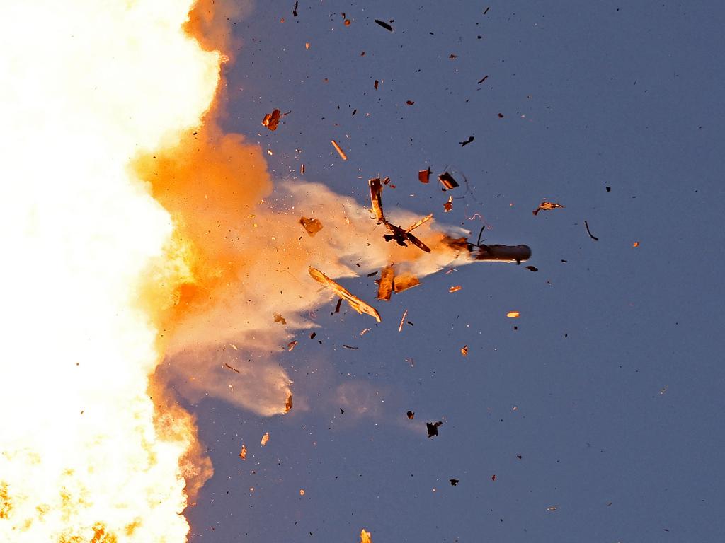 This photo taken from a position in northern Israel shows a Hezbollah UAV intercepted by Israeli air forces over north Israel on August 25. Picture: Jalaa Marey / AFP