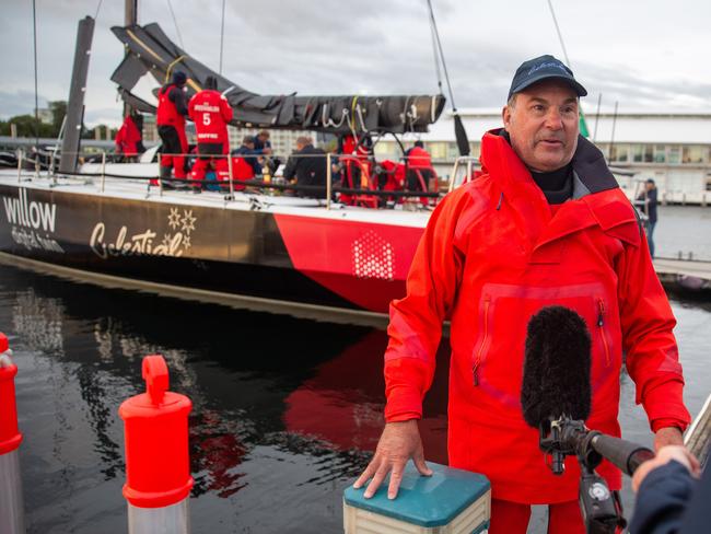 Celestial V70 skipper Sam Haynes speaks after arriving in Hobart. Picture: Linda Higginson