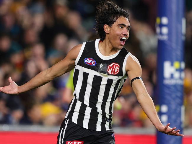 Jase Burgoyne celebrates a goal for Port Adelaide. Picture: Sarah Reed/AFL Photos via Getty Images