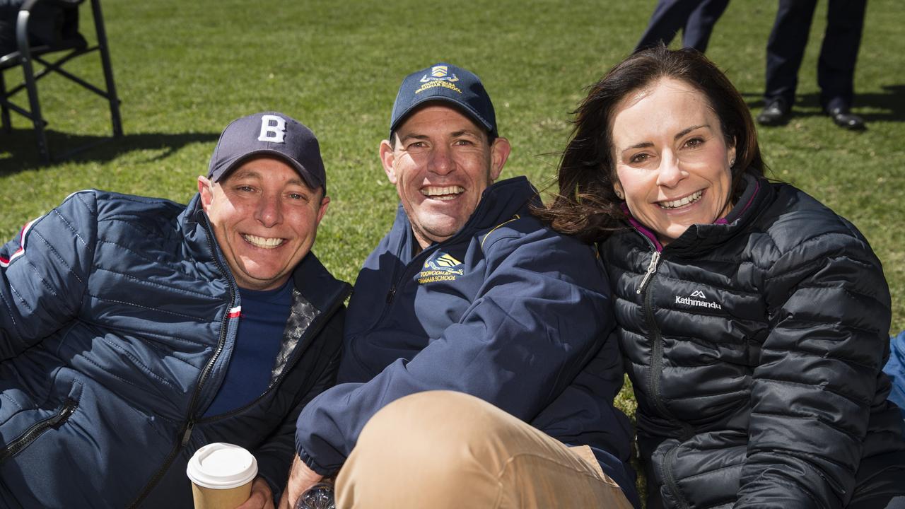 Downlands old boys Brad McCarthy (left) and Mark Brownlie with Lou Brownlie on Grammar Downlands Day at Toowoomba Grammar School, Saturday, August 19, 2023. Picture: Kevin Farmer