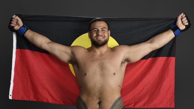 Australian UFC fighter Tai Tuivasa., ABU DHABI, UNITED ARAB EMIRATES – OCTOBER 24: Tai Tuivasa of Australia poses for a portrait backstage during the UFC 254 event on October 24, 2020 on UFC Fight Island, Abu Dhabi, United Arab Emirates. (Photo by Mike Roach/Zuffa LLC via Getty Images)